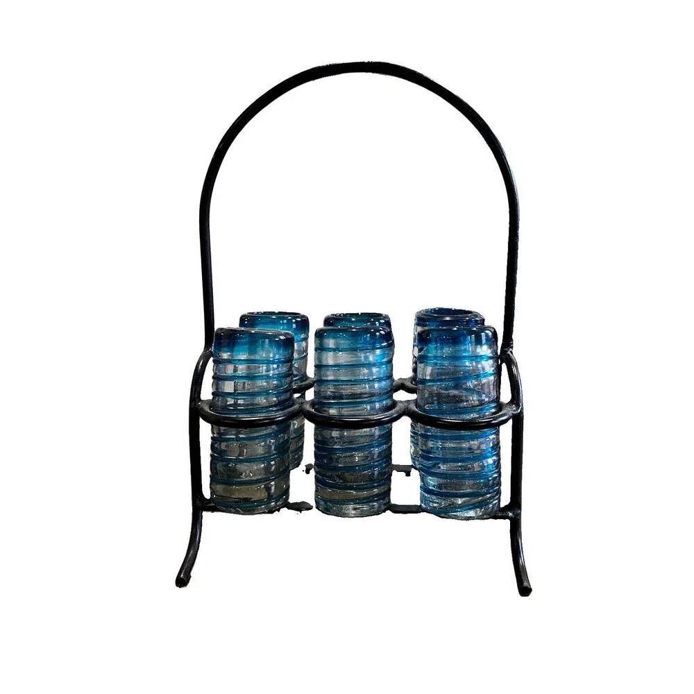Set of 6 Mexican Hand Blown Confetti shot glasses and Metal Carrier, holder